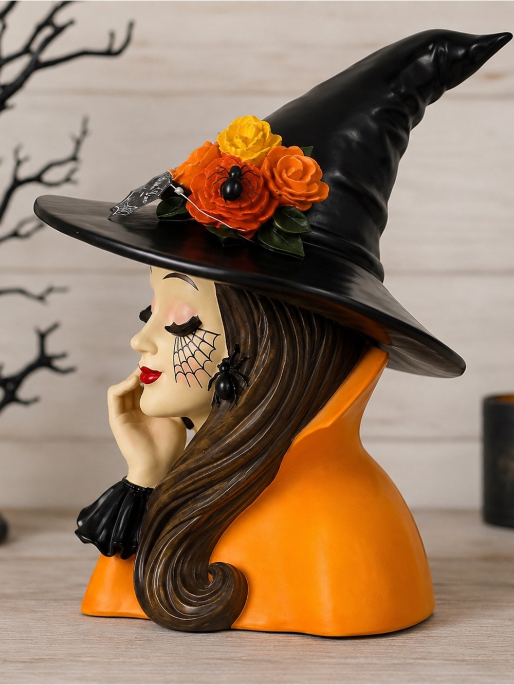 Bella Lux Halloween Glam Witch Bust with Floral Hat & Spider Web Viral - Picture 2 of 4